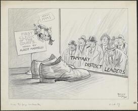 [Political cartoon depicting the investigation of Albert Marinelli.]