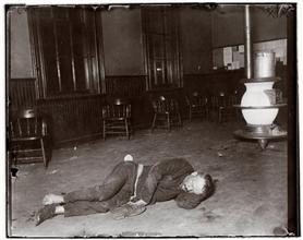 Police Station Lodgers 19. The Single typhus lodger in Eldridge Street, he lay by the stove in the policemen's room no one dreaming what ailed him.