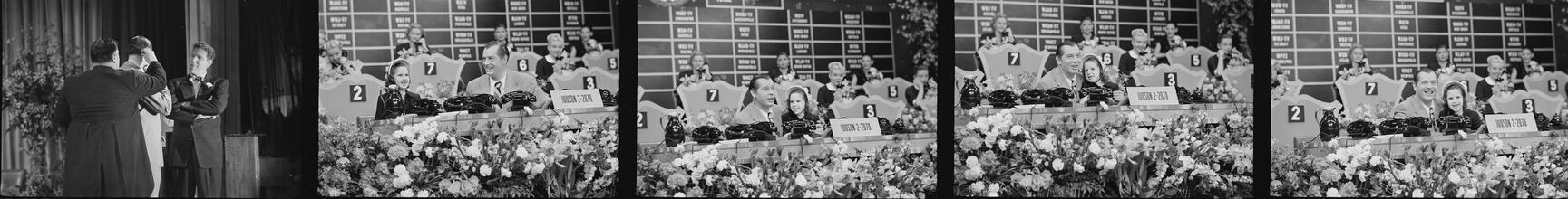 Milton Berle - Damon Runyon Cancer Fund [Men on the set and Milton Berle with a young girl at the telethon.]