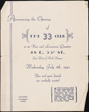 Announcing the Opening of the 33 Club at its New and Luxurious Quarters