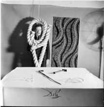 Salvador Dali: Rugs [Salvador Dali standing in front of a rug he designed near a table with objects.]