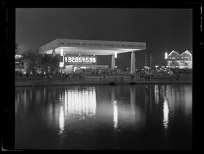 New York World's Fair, Equitable Life Assurance Building, General Front View at Night, Across Lake