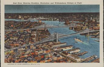 East River Showing Brooklyn, Manhattan and Williamsburg Bridges at Night.