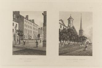 A. The City Hotel Broadway; B. Grace, & Trinity Churches.