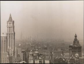 A view of Downtown New York on a foggy day, from a height.