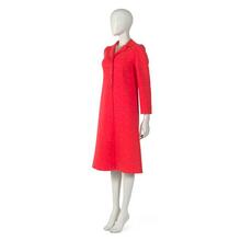 Ensemble comprising dress and scarf in silk crepe confetti print, with coat in red Donegal wool