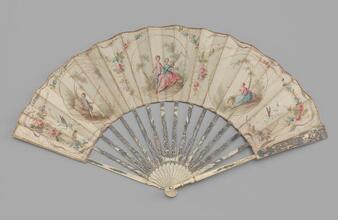 Folding fan of kidskin leaf with painted pastoral figures