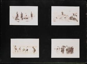 Beach scenes [Three group portraits at beach; men playing baseball.]