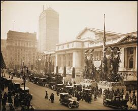 Library, Public, 5th Ave. & 42nd St., Exterior, Building with War Decorations.