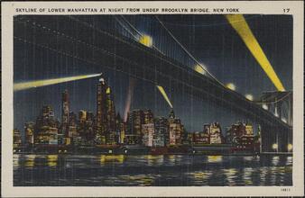 Skyline of Lower Manhattan at Night from Under Brooklyn Bridge, New York