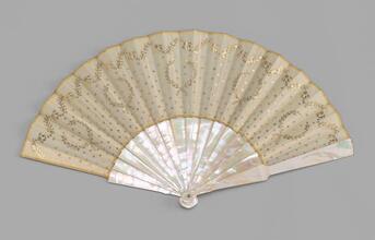 Folding fan of gilt-spangled ecru silk gauze