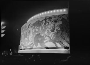 [Night view of the Food North building, New York World's Fair.]