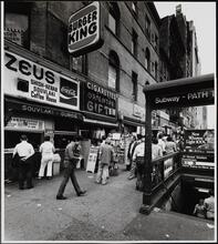 [Subway and PATH train entrance on West 14th Street.]