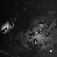 [Elevated view of MoMA sculpture garden at night.]