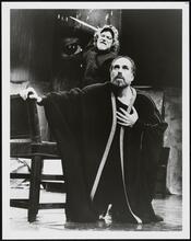 [Stephen Lang in the title role and Michael Cristofer as Claudius in "Hamlet".]