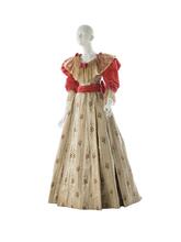 Evening dress in ivory satin with striped floral brocade and pink velvet