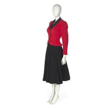 "Sissy Suit" in cherry red wool fleece and black wool twill