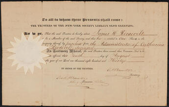 [Certificate of membership to the New-York Society Library.]