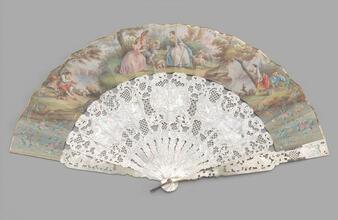 Folding fan with painted pastoral vignettes