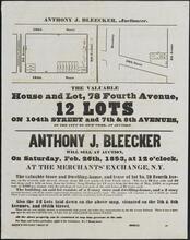 The Valuable House and Lot, 78 Fourth Avenue, 12 Lots on 104th Street and 7th & 8th Avenues in the City of New York, at Auction