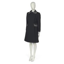 Cocktail ensemble in diamond wool twill with rhinestones comprising dress and coat