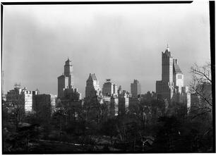 Sherry Netherland, Savoy Plaza Skyline from Central Park. From Hill at 85th Street. From Ritz to Plaza Skyline.
