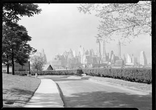 New York City views. Lower Manhattan from Governor's Island street.