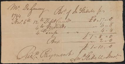 Receipted bill issued by John Slidell to John Peter De Lancey, November 6, 1794