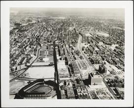 Aerial view looking north up Grand Concourse from about East 157th Street. Yankee Stadium in foreground