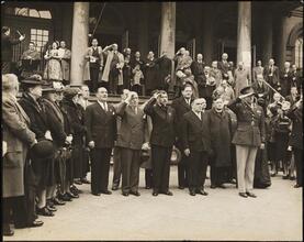 Hungarian celebration in front of City Hall, Mayor La Guardia, W.W. II ambulances