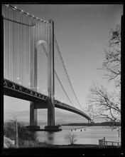 Verrazano-Narrows Bridge, vertical view of bridge at dusk.