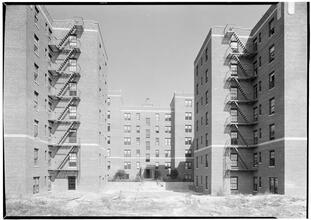 Celtic Park Apartments. Detail of rear.