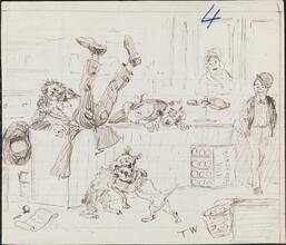 [Two dogs sparring at Finnegan's corner grocery.]