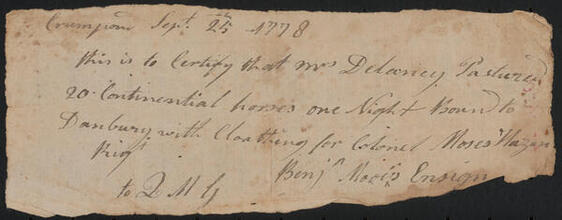 Certificate issued by Ensign Benjamin Moses on behalf of the Continental Army to Susannah De Lancey for pasturing 20 horses for one night, September 25, 1778