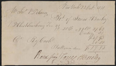 Receipted bill issued by Jones & Bailey to John Peter De Lancey for $17.93, October 22, 1818