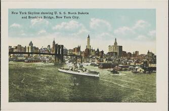 New York Skyline showing U.S.S. North Dakota and Brooklyn Bridge, New York City.