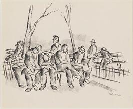 Unemployed. [Group of men sitting on bench]