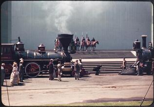 [Scene depicting the Golden Spike during the Parade of Railroads show.]