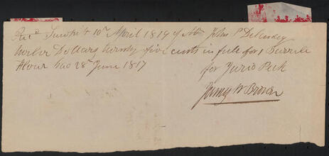 Receipted bill issued by James W. Brown on behalf of Jared Peck to John Peter De Lancey for $12.25, June 28, 1817