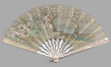 Fan of painted and spangled silk gauze leaf
