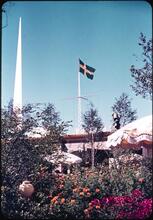 [View of a garden with a Swedish flag and the Trylon visible.]
