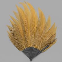 Folding feathered fan of dyed silver pheasant feathers