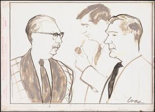 [Howard Lindsay as Julian Prescott, Walter Matthau as George Lawrence, and Glenn Anders as Arthur Mitchell in "One Bright Day".]