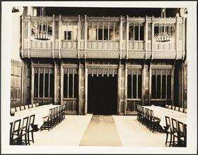 [Interior of unidentified church, room converted to banquet hall.]