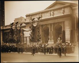 Library, Public, 5th Ave. & 42nd St., Exterior, Building with War Decorations.