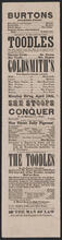 Monday evening, April 19, will be played Goldsmith's comedy in five acts, "She Stoops to Conquer; or, The Mistakes of a Night", with the original comic song "The Three Jolly Pigeons"