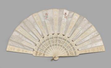 Folding fan of painted satin and lace leaf