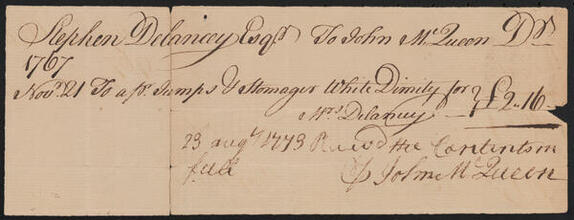 Bill or receipt of Stephen De Lancey to John McQueen, November 21, 1767