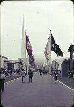 [Avenue of the Pioneers looking towards the Trylon and Perisphere.]