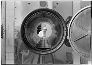 Beth Israel Hospital, Stuyvesant Square. View through open sterilizer.